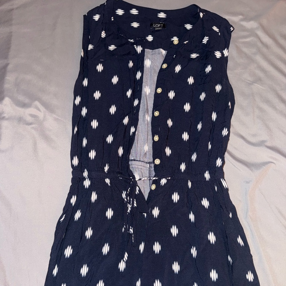 LOFT Dark Blue and White Patterned Sleeveless Jumpsuit